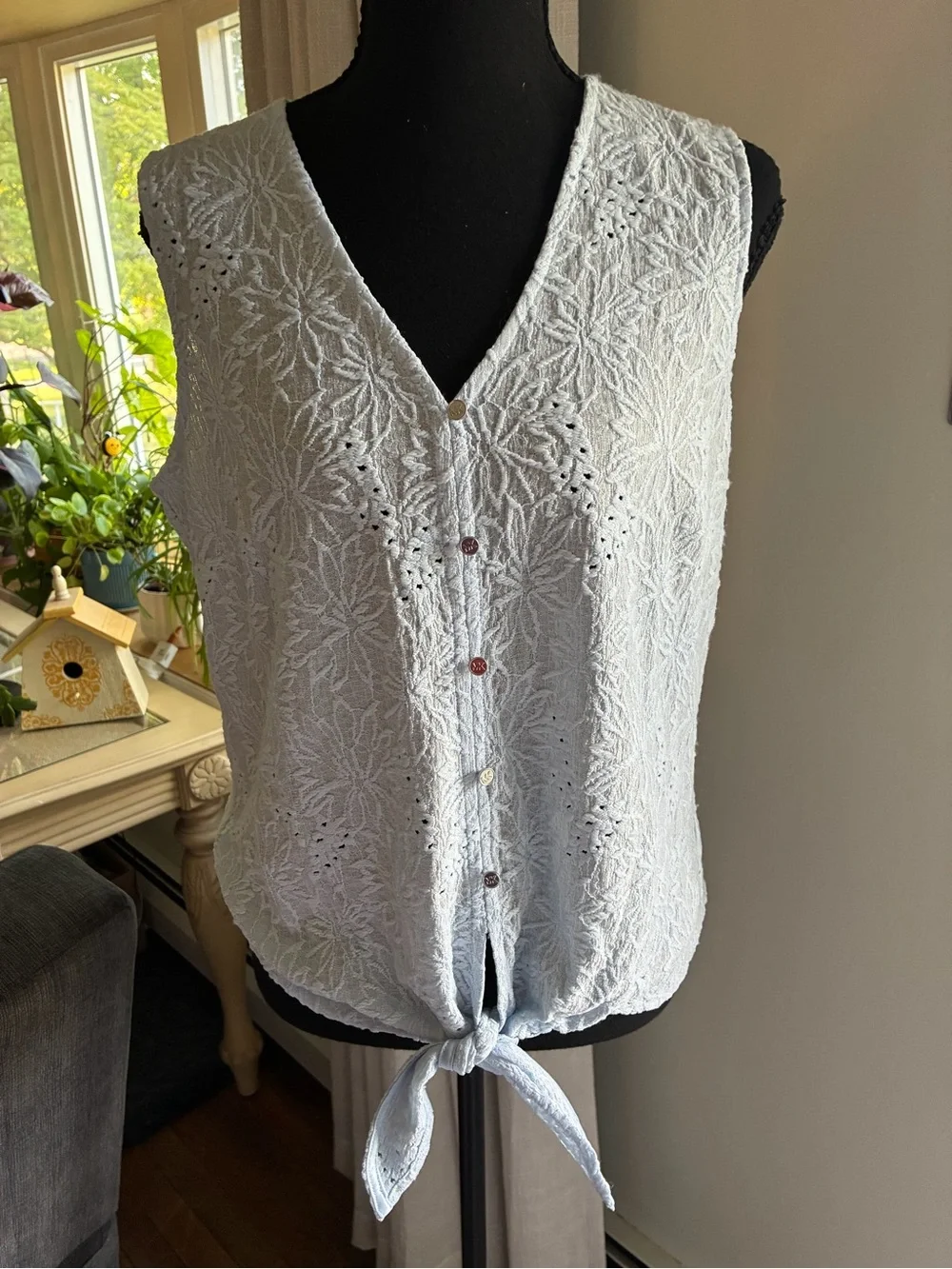 Michael Kors Pale Blue Floral Eyelet Tie-Front Camisole